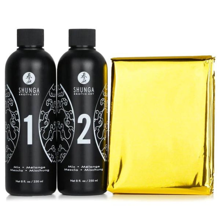 Shunga Secret Collection Strawberry Wine Massage Gel contains 2 bottles which are mixed together to prepare up to 4 liters of massage gel. Lay the provided, golden sheet down for a whole new massage experience. DDI