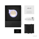 Lilac Sila Sonic comes with a manual, charging cord, satin storage pouch and lelo warranty card.