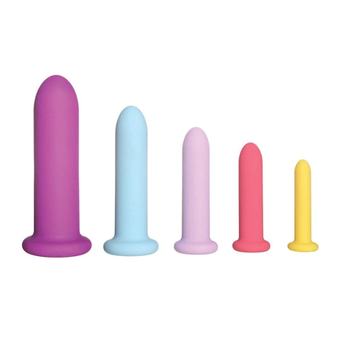 From Sinclair Institute comes the Deluxe Vaginal Dilator Set. Vaginal dilators can help improve elasticity, expand the vagina's width and depth, and make sex more comfortable. This dilator set's high-quality, skin-like silicone glides easily and warms to body temperature on contact. The specially tapered dilator tips are designed for smooth, easy insertion. 5 graduated sizes allow for effective progression and dilation with minimal discomfort. The dilators' flared bases add control and leverage.
