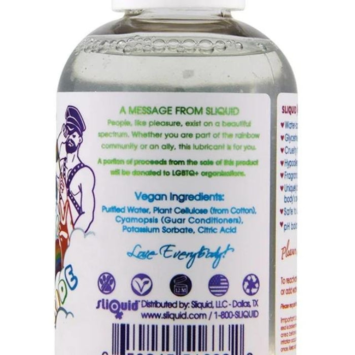 Whether you're part of the rainbow community or an ally, this lubricant is for you. A portion of proceeds from each Sliquid Sparkle bottle sold will be donated to LGBTQ+ organizations. Sliquid Naturals Sparkle is a water-based personal lubricant and is Sliquid's Original formula. In fact, the base formula for all of the water-based lubricants in the Naturals line begins with this blend! Formulated to emulate the body's own natural lubrication. 100% vegan, condom safe &amp; non-staining.