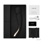 Lelo Smart Wand 2 Medium Black comes with a manual, charging cord, satin storage pouch and Lelo warranty card.