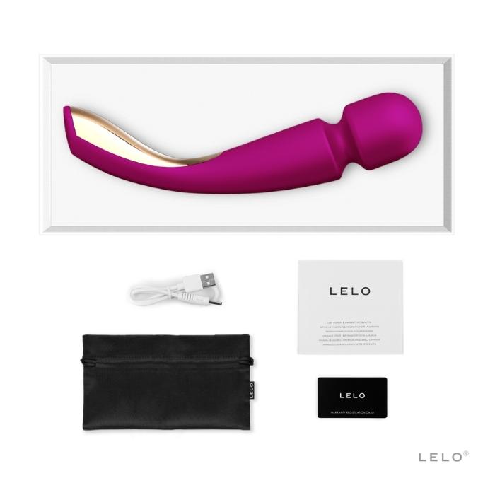 Black Lelo Smart Wand Large comes with a manual, charging cord, satin storage pouch and Lelo warranty card.