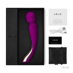 Lelo Smart Wand 2 Medium Deep Rose comes with a manual, charging cord, satin storage pouch and Lelo warranty card.