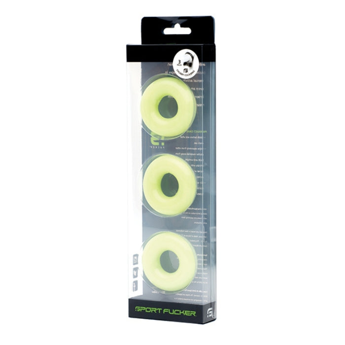 The Chubby Glow-in-the-Dark Cock Ring by Sport F*cker adds a little reflection to your erection. This yellow-colored cock ring is a glowing donut that firmly and comfortably fits shafts up to five times its original size. Stretch, pull or adjust it to give the maximum pleasure in how it fits. Great for stretching, this thermoplastic rubber is silicone lube safe and easy to clean. Comes in a pack of 3.