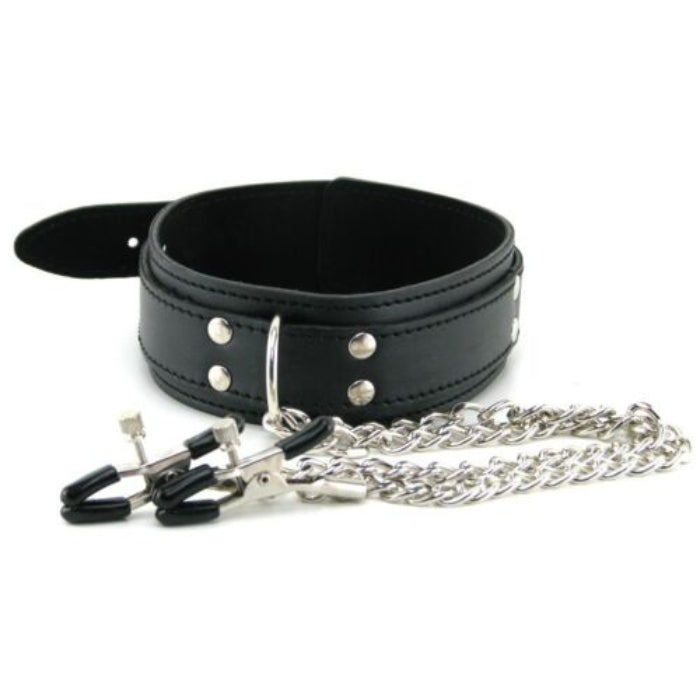 This stunning collar is double layered, handstitched and made from vegan leather. The nipple clamps have tension adjustments and are attached to the collar with 26 cm chains. This stunning piece delivers appeal and sensation all wrapped up in one.