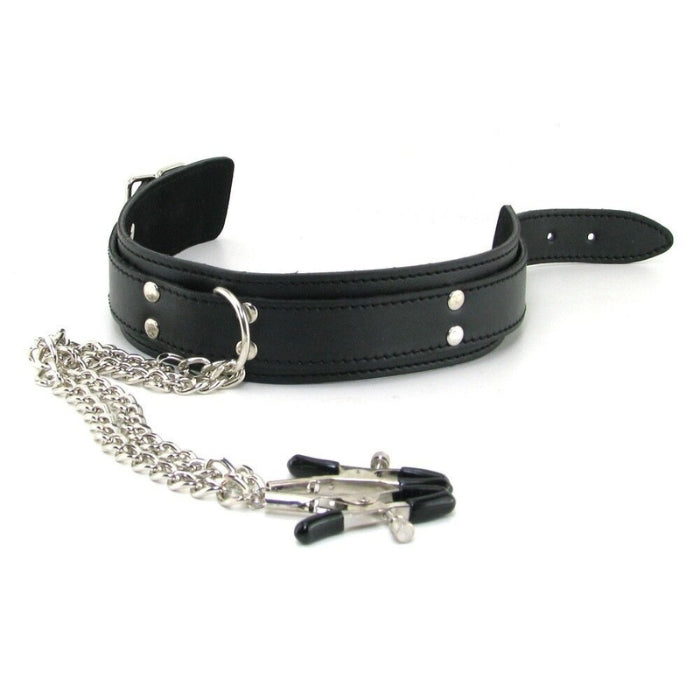This stunning collar is double layered, handstitched and made from vegan leather that is adjustable with a buckle. The nipple clamps have tension adjustments and are attached to the collar with 26 cm chains. This stunning piece delivers appeal and sensation all wrapped up in one.