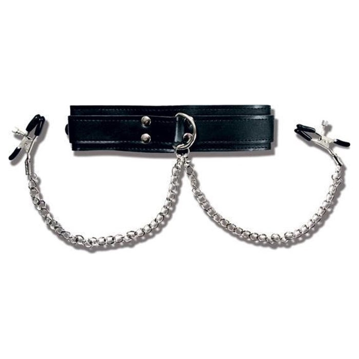 This stunning collar is double layered, handstitched and made from vegan leather. The nipple clamps have tension adjustments and are attached to the collar with 26 cm chains. This stunning piece delivers appeal and sensation all wrapped up in one.