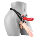 Create the double penetration fantasy with Sportsheets Menage a Trois Strap-On set. Includes a double-penetration harness and a silicone 5.75" dildo. The thong- style strap-on has 2 built-in C rings, adjusts up to 60" hips, and includes 2 in interchangeable metal O-rings - 1.5" and 1.75."