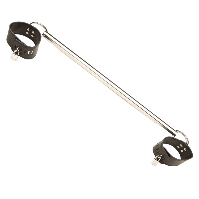 Adjustable Spreader Bar with Leather Cuffs, the ultimate tool for exploring bondage and restraint play. This high-quality spreader bar is designed to provide secure and adjustable restraint for your submissive partner. The bar can be extended or shortened to achieve the desired level of spread, allowing for a customizable and comfortable experience.