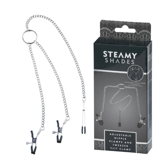 Steamy Shades Body Chain with Attached Nipple and Clit Clamps, the ultimate accessory for hands-free stimulation and unforgettable sensations. This exquisite body chain combines the thrill of nipple and clitoral stimulation in one seductive package. The adjustable clamps, secured by screws and a sliding ring, allow you to customize the pressure to your liking, ensuring both comfort and pleasure.