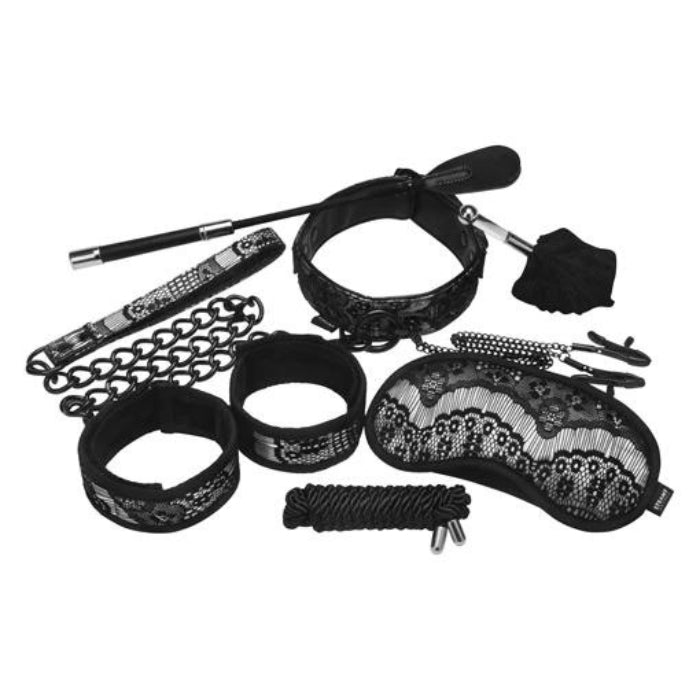 Steamy Shades Bondage Set - 7 Piece, a comprehensive collection designed to ignite your passion and explore the world of BDSM. This set includes seven carefully curated pieces that cater to your deepest desires. Collar With Leash & Nipple Clamps | 1 x Feather Tickler | 1 x Riding Crop | 1 x Blindfold | 1 x Silk Bondage Rope | Wrist Restraints.