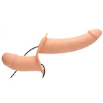 his vibrating double dong is already harnessed into sturdy leather like straps that are easily adjusted to your perfect fit via 2 buckles. Both dildos are realistically textured for the dual appreciation of both you and your partner. Vibrating bullets are embedded in each shaft, easily controlled by their wired controller with 10 powerful speeds & patterns to choose from. Large Dildo is 6.5 inches in length, 1.75 inches in diameter. Small Dildo is 4 inches in length, 1.75 inches in diameter.
