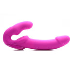 Strap U Evoke Rechargeable Vibrating Silicone Strapless Strap On Pink Dildo. Ensure the satisfaction of both you and your lover with an elegant strapless strap on that vibrates! This rechargeable pleasure tool features dual motors with independent control so that you can each take your pick of the 3 speeds and 5 functions. Measurements total length is 9.75 inches in length. Shaft is 6.25 inches insertion length, 1.6 inches at widest diameter. Bulb is 4 inches insertion length, 1.5 inches at widest diameter.