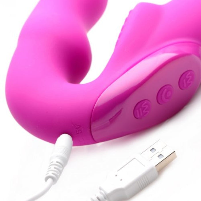 Strap U Evoke Rechargeable Vibrating Silicone Strapless Strap On Pink Dildo. USB rechargeable