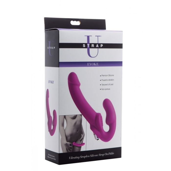 Strap U Evoke Rechargeable Vibrating Silicone Strapless Strap On Pink Dildo. Ensure the satisfaction of both you and your lover with an elegant strapless strap on that vibrates! This rechargeable pleasure tool features dual motors with independent control so that you can each take your pick of the 3 speeds and 5 functions. Measurements total length is 9.75 inches in length. Shaft is 6.25 inches insertion length, 1.6 inches at widest diameter. Bulb is 4 inches insertion length, 1.5 inches at widest diameter.
