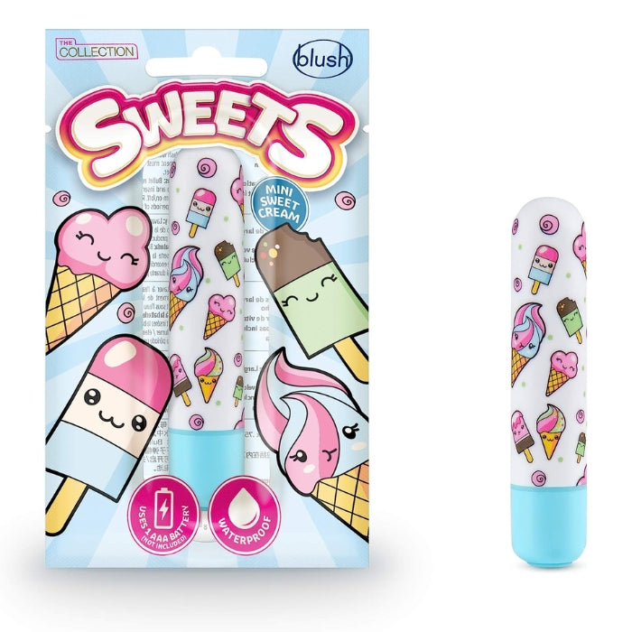 White and Light blue sweets bullet. With assorted ice creams all over the white body, with a light blue base to turn the bullet on.