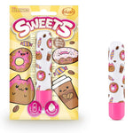 White and Pink Sweets Bullet. With doughnuts, sweets, coffee and a cute bear on the white body and a dark pink base to turn the bullet on.