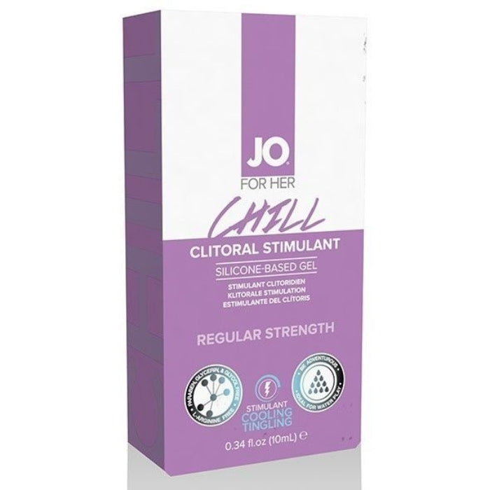 System Jo Chill is the perfect sensual enhancement for women. With a pleasant tingling that starts on contact, it's uniquely formulated to intensify your innermost sensation and satisfaction. MILD formula for sensitive women - Effect lasts up to 45 minutes - Contains NO L-Arginine and NO Hormones - pH balanced formula. 10ml