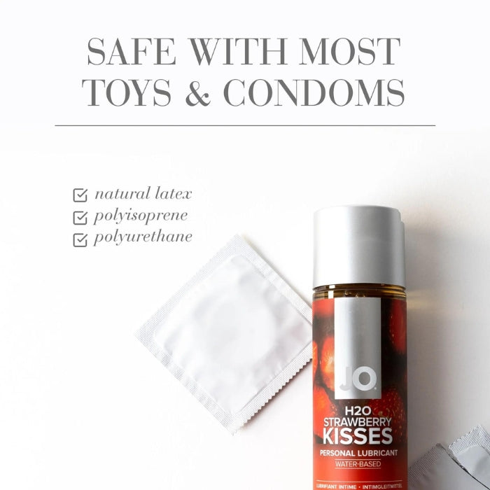 JO H2O Strawberry Kisses flavored lubricant is safe with most toys and condoms such as natural latex, polyisoprene and polyurethane.