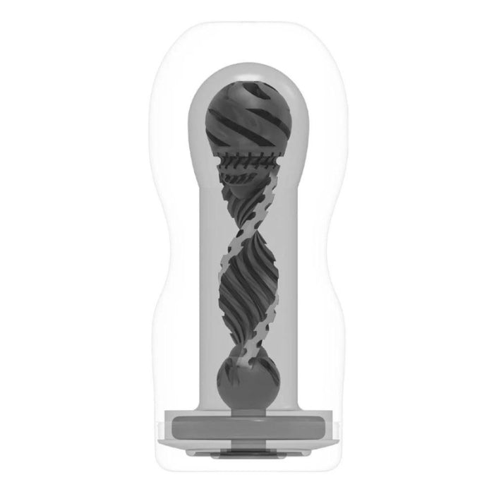 Disposable masturbator Original Vacuum Cup XTR from Tenga comes in Black = Strong with a twisting spiral texture for an intense, gripping experience, The gentle or strong penis massage can be upgraded with an exciting, simulated sucking effect thanks to the innovative vacuum opening.