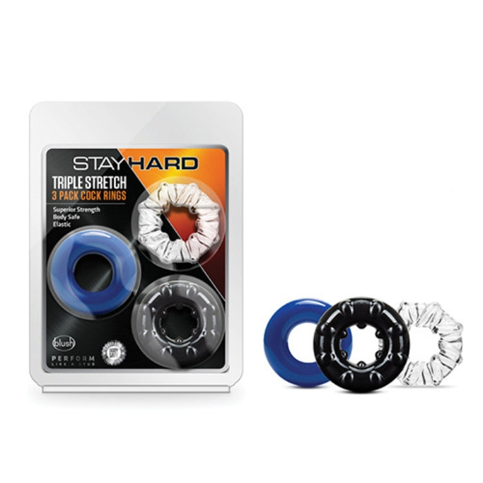 Play hard, play comfortable! The Stay Hard Triple Stretch 3 Pack Cock Rings gives you three rings that all feel good, look sexy, build pressure, and expand your orgasmic possibilities. They are also stretchy, easy to put on, super comfortable, and reusable. Made of premium Thermoplastic Elastomers TPE.