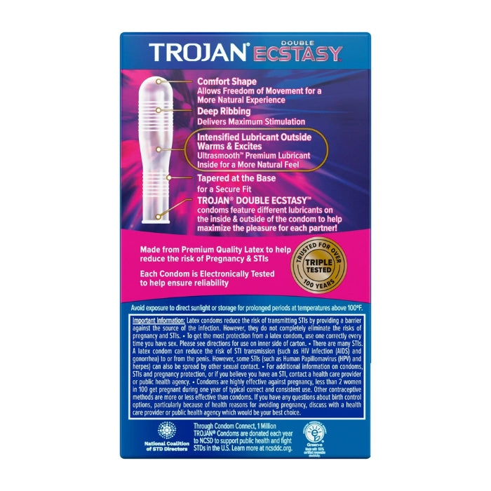 Trojan Brand Latex Condoms Double Ecstasy 10 Pack Box. Each condom comes with Ultrasmooth Lubricant inside for him. Intensified Lubricant on the outside for her. Contoured shape tapered at the base. Deep ribbing throughout condom.