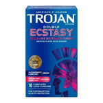 Trojan Brand Latex Condoms Double Ecstasy 10 Pack Box. Each condom comes with Ultrasmooth Lubricant inside for him. Intensified Lubricant on the outside for her. Contoured shape tapered at the base. Deep ribbing throughout condom.