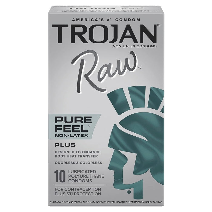 Trojan Condoms Raw Pure Feel Non-Latex 10 Pack. Designed to enhance body heat transfer. Odorless and colorless. With Pure Feel Non-Latex for an exceptional experience. Made using Polyurethane PU.