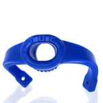 Blue Silicone ballstretcher with pull-down attached rubbery “wings” designed to add hanging weight, but with more accuracy and comfort than most pulldown ballstretchers. Included - a carabiner clip that connects the two wings so the weight(s) you add stay centered directly under the ballsack. Height: 1.5 inch / 39 mm, Inside diameter: 0.65 inch / 17 mm.