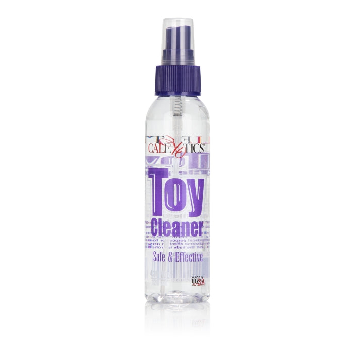CalExotic's universal Toy Cleaner . Fights bacteria with Triclosan, an anti-bacterial ingredient. This toy cleaner can safely be used on cyberskin, realistic, rubber, latex, plastic and silicone products and more materials. Easy to use, Point and spray and rinse off. Comes in a 128 ml bottle.