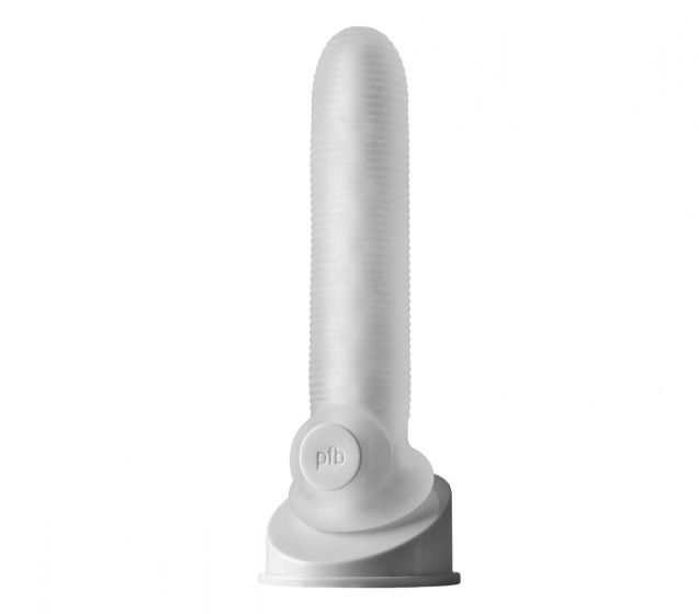 A white textured silicone prostate massager with a flared base and a circular control button featuring the debossed brand name 'pib', shown against a solid white background.