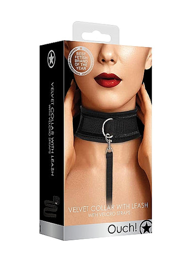 Ouch! Velvet Collar & Leash with Velcro Straps Black