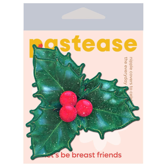 Christmas Winter Holly with Red Berries Nipple Pasties by Pastease are hand made of soft form fitting glitter velvet material that forms seamlessly to curves and resists wrinkling over hardening nipples. Just peel and stick these Christmas Holly Pasties on clean, dry skin! All Pastease pasties feature latex free, medical grade, waterproof adhesive that stays securely in place for as long as you like and until they are gently removed.