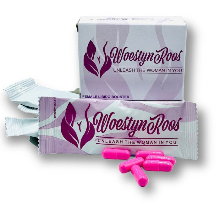 Woestyn-Roos - will Boost the Estrogen, Testosterone and Progesterone and balance these 3 hormones out and cause Sexual Desire and Arousal. Directions: After taking 2 of the Woestyn-Roos Pills wait around 40 min and apply Woestyn-Roos Gel to the Clitoris area, this will Boost the Estrogen hormone which will produce natural Vaginal Lubricant and Boost more sexual desire.