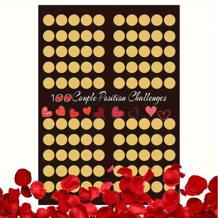 Black scratch-off couples poster with 100 gold circles and red hearts