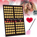 Black scratch-off couples poster with 100 gold circles and red hearts