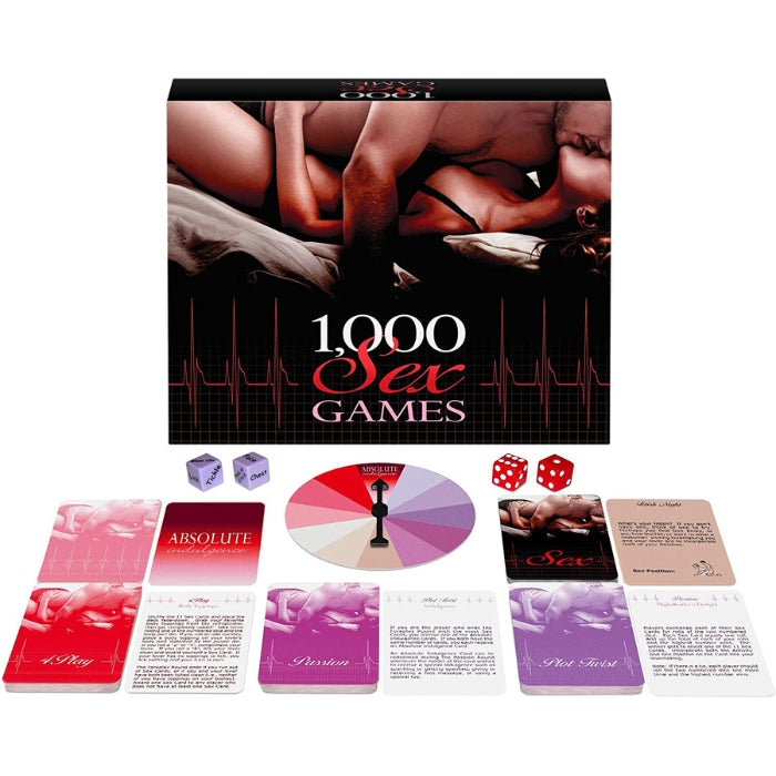 Adult board game set featuring 1000 Sex Games with cards, dice, and a spinner