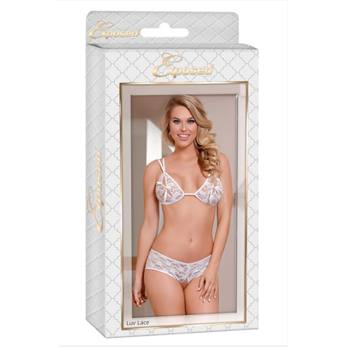 White lace two piece bra and crotchless panty set by exposed with delicate floral patterns and triangle shaped bra