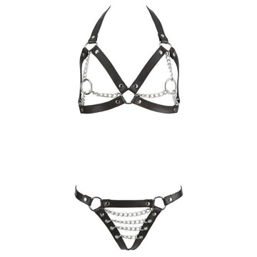 The top features a tantalizing design with adjustable buckles around the neck and back for the perfect fit, while the chains add an extra touch of bondage-inspired allure. The bottoms are equally as seductive, with open access and adjustable buckle straps around the hips and on either side of the buttocks. One size fits most.