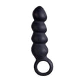 Large 4-inch black silicone cork butt plug with ring base and four linked segments