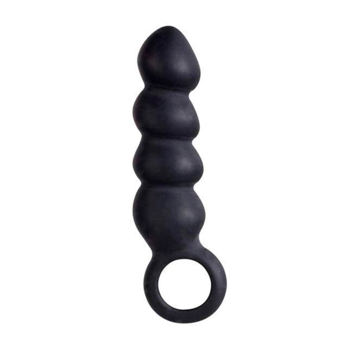 Large 4-inch black silicone cork butt plug with ring base and four linked segments