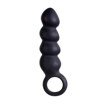 Large 4-inch black silicone cork butt plug with ring base and four linked segments