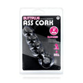 Large black silicone cork butt plug with 4 linked segments and pull ring