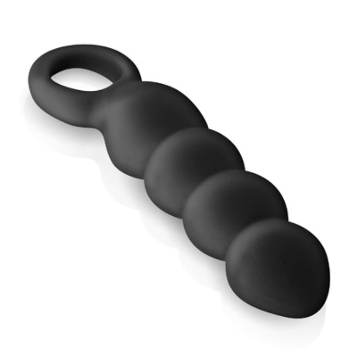 Large 4-inch black silicone cork butt plug with ring top and four linked segments