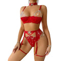 Lady Jane Adult Sex Shop | 5 Piece Lingerie Set with Bra G-String Suspenders & Choker - Red L