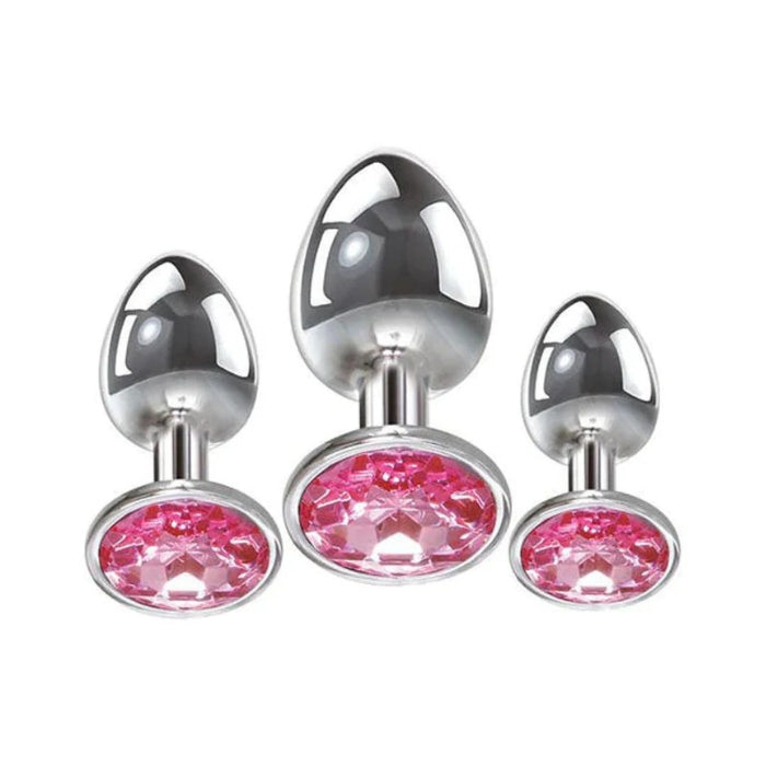 Anal play has never been a prettier sight with these gorgeous jeweled, aluminum anal plugs. This set of three anal plugs are graduated for easy anal training. Each plug is bulbous in form with a tapered tip to ensures an easy introduction, while the broad aluminum bulb fills and satisfies. Great for beginners and experienced users.  Small butt plug measures 7cm long and 2.8cm wide. Medium butt plug measures 9cm long and 3.4cm wide. Large butt plug measures 9cm long and 4cm in wide.