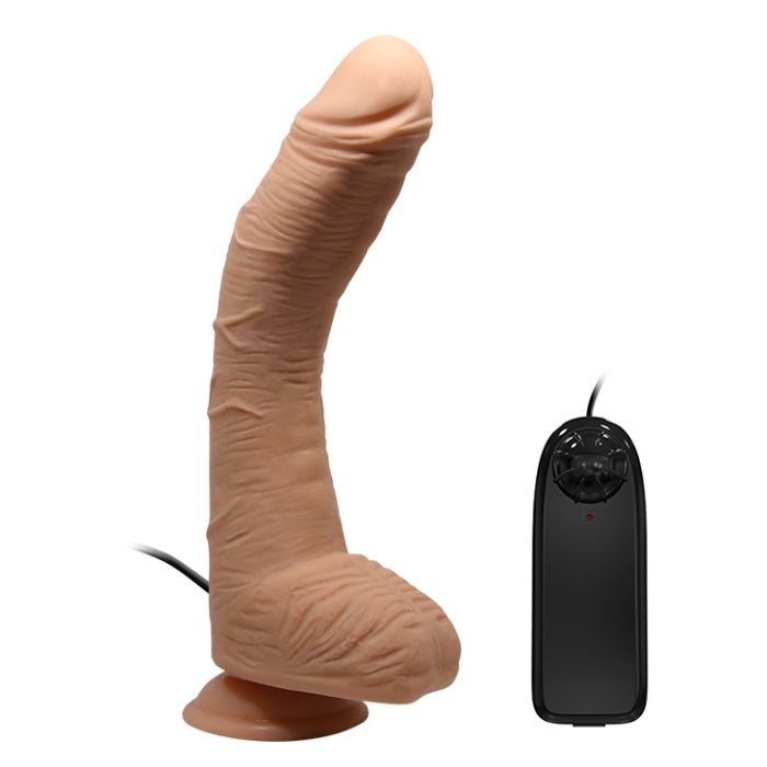 11 inch Alex dildo vibrator with scrotum, tan silicone, suction cup base