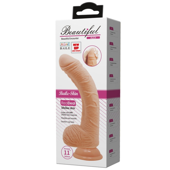 Beige 11-inch dildo vibrator with realistic scrotum, strong suction-cup base for hands-free solo play by Baile