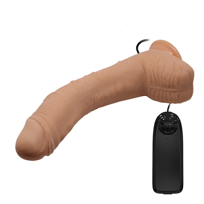 Tan 11 inch dildo vibrator with scrotum, suction-cup base for hands-free play