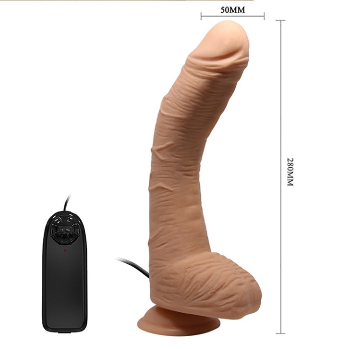 11 inch Alex dildo vibrator with scrotum, beige silicone, strong suction-cup base